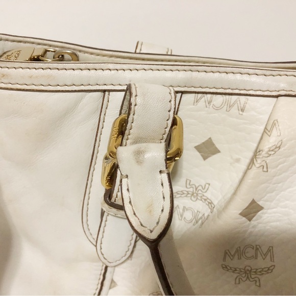 Authentic MCM Beige/White Leather Handbag Shoulder Bag With Adjustable Strap - Picture 5 of 16